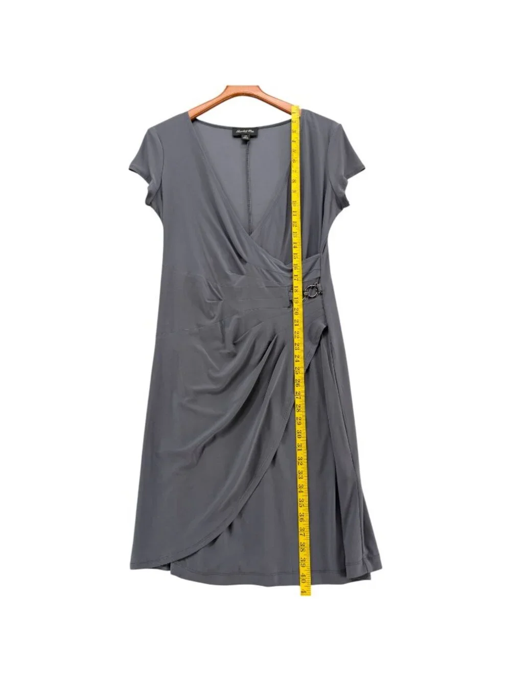Scarlette Nite Faux Wrap Sheath Dress Grey Short Sleeve Ruched Pleated Size 10